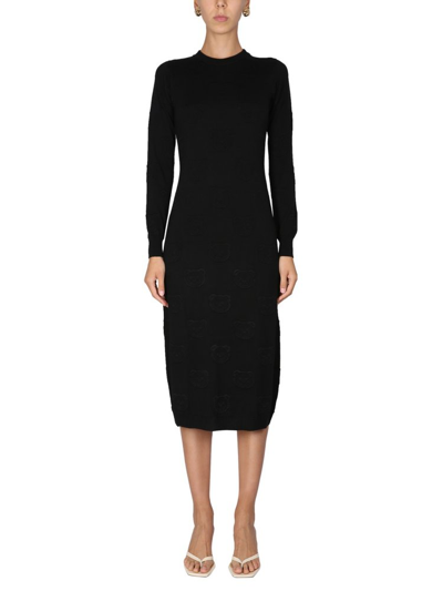 Shop Moschino Knitted Crewneck Midi Dress In Black
