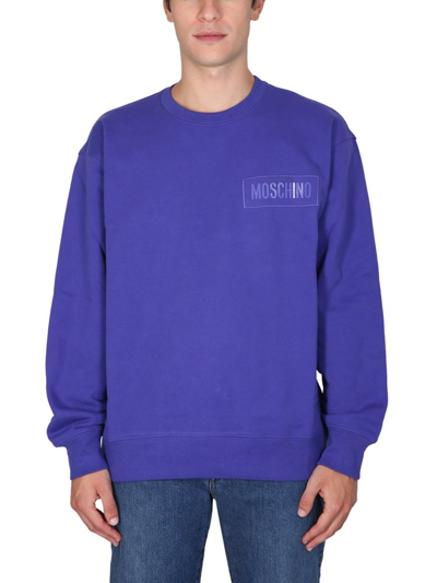 Shop Moschino Logo Patch Crewneck Sweatshirt In Blue