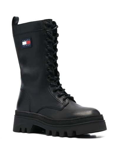 Tommy Jeans Twelve Logo-patch Leather Boots In Schwarz