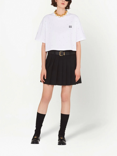 Shop Miu Miu Crystal-embellished Cotton T-shirt In Weiss
