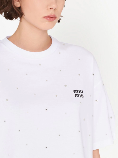 Shop Miu Miu Crystal-embellished Cotton T-shirt In Weiss