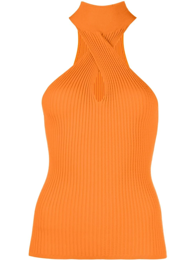 Shop Msgm Ribbed Halterneck Vest Top In Orange