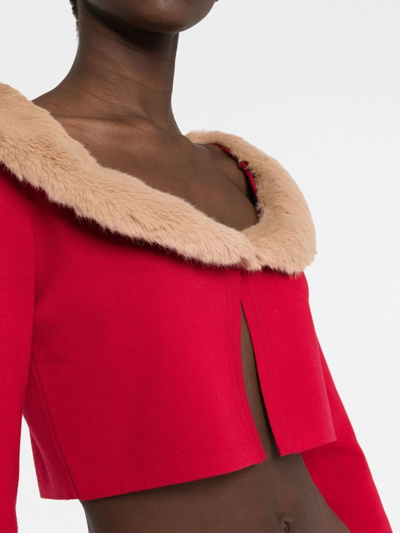 Shop Blumarine Faux-fur Trim Cropped Cardigan In Rot