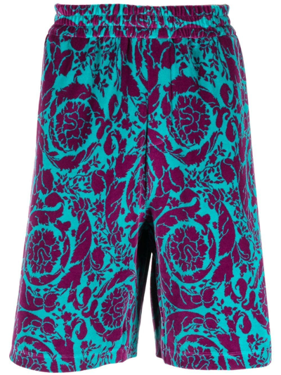 Versace Barocco Silhouette-print Silk Shorts In Blau