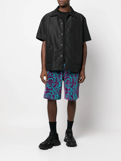 Versace Barocco Silhouette-print Silk Shorts In Blau