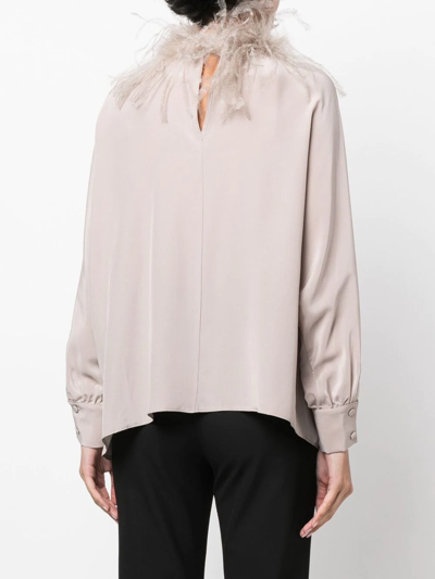 Shop Styland Feather-trim Long-sleeved Blouse In Grau