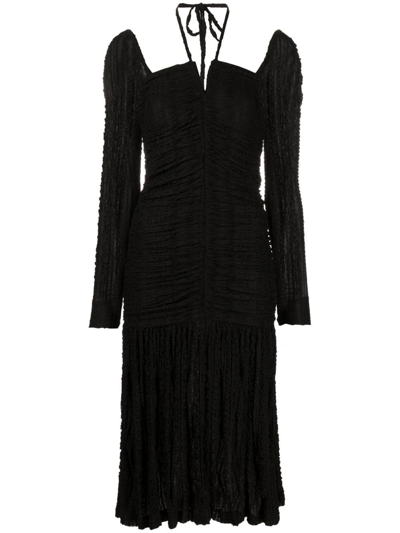 Shop Ganni Halterneck Ruched Dress In Schwarz