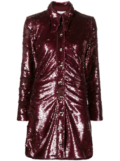 Shop Ganni Sequin Shirt Dress In Rot