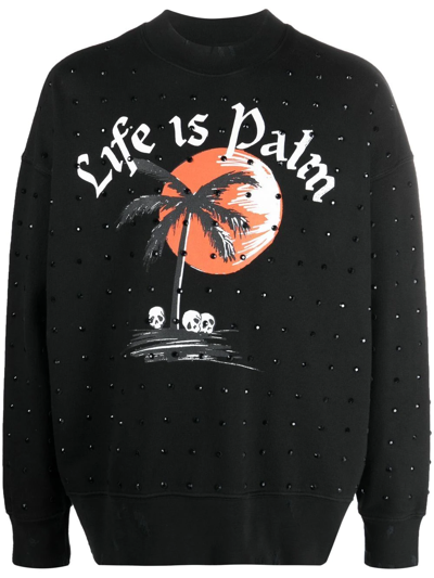 Palm Angels Sunset Palm Graphic-print Cotton-jersey Sweatshirt In Schwarz