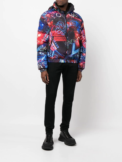 Shop Versace Jeans Couture Motif-print Down-filled Jacket In Blau
