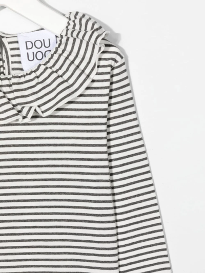Shop Douuod Stripe-ruffle Ruffle-collar T-shirt In Weiss