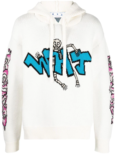 Shop Off-white Graffiti-detail Knit Hoodie In Weiss