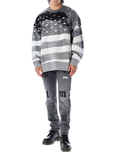 Shop Palm Angels Jacquard Flag Sweater In Grey Black