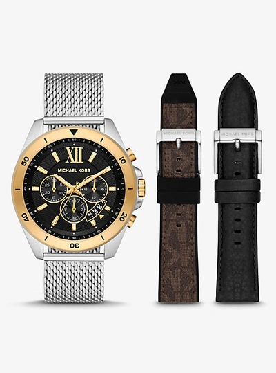 Shop Michael Kors Oversized Brecken Two-tone Mesh Watch Gift Set In Brown