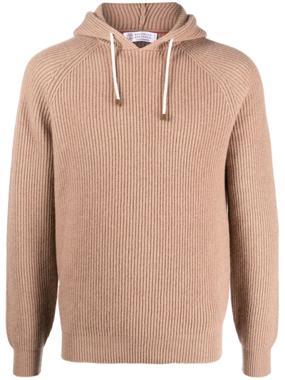 Brunello Cucinelli Cashmere Ribbed Hoodie In 中性色