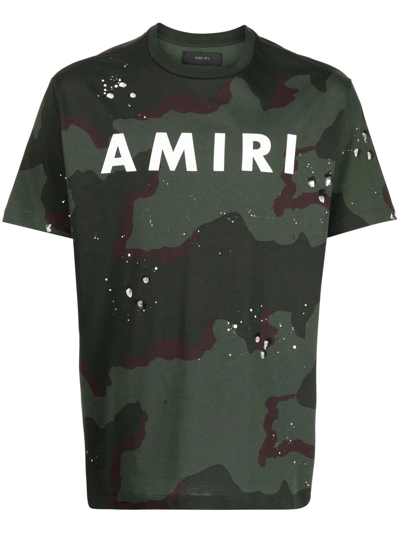 Amiri Paint Splatter Detail Crewneck Army Logo T-shirt In Green