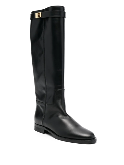 Via Roma 15 Tall Leather Boots With Metallic Lock Detail In Black