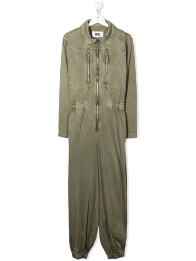 Shop Mm6 Maison Margiela Teen Long-sleeve Cotton Jumpsuit In Green