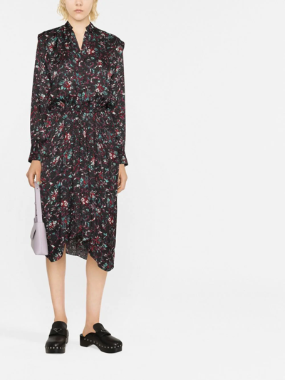 Isabel Marant Étoile Okleya Floral Pleated Long-sleeve Midi Dress In 黑色