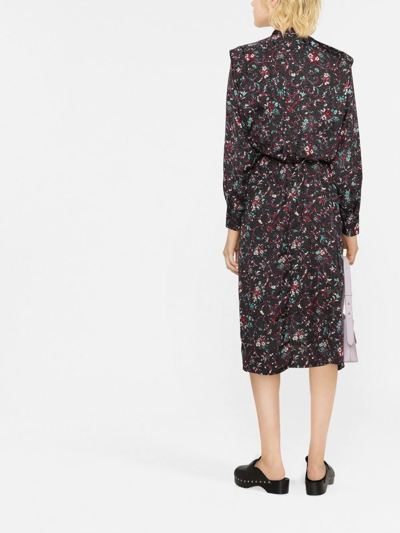 Isabel Marant Étoile Okleya Floral Pleated Long-sleeve Midi Dress In 黑色