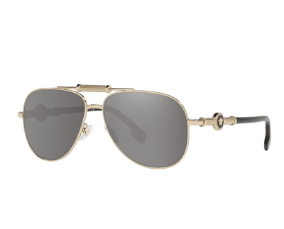 Shop Versace Light Gray Mirrored Silver Aviator Unisex Sunglasses Ve2236 12526g 59 In Gold Tone,grey,silver Tone