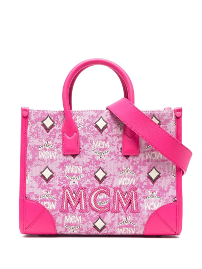Shop Mcm Small München Jacquard Tote Bag In Pink