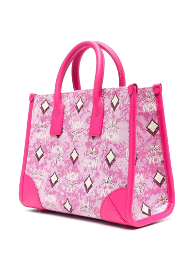 Shop Mcm Small München Jacquard Tote Bag In Pink