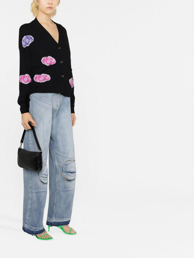 Natasha Zinko Pixel Rose Intarsia Wool-blend Cardigan In Black