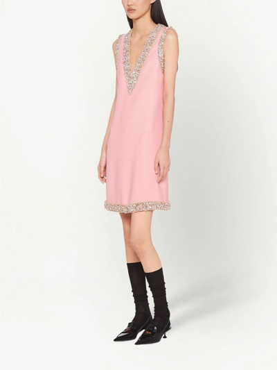 Miu Miu V-neck Cady Embellished Shift Dress In Pink | ModeSens