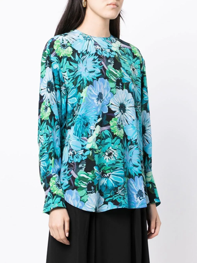Stella Mccartney Floral-print Long-sleeve Silk Blouse In Blue
