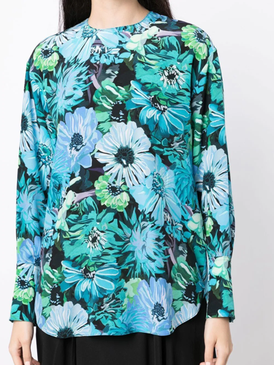 Stella Mccartney Floral-print Long-sleeve Silk Blouse In Blue