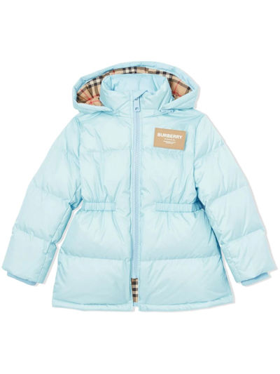 Shop Burberry Logo Patch Detachable-hood Puffer Coat In Blue