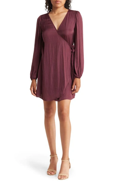 Shop Socialite Satin Long Sleeve Wrap Dress In Burgundy