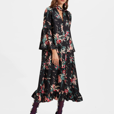La Doublej Floral-print Fluted Silk-twill Dress In Breezy Nero
