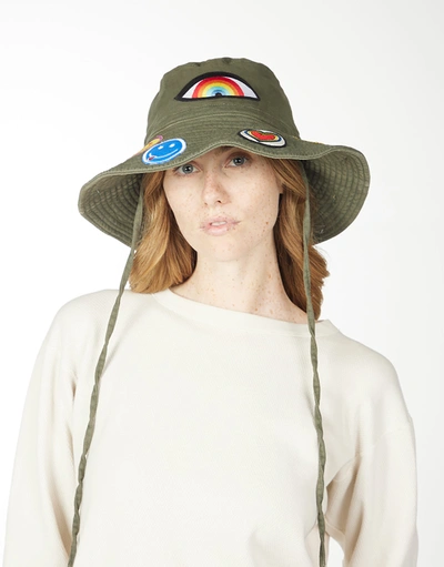 Lauren Moshi Adina- Bucket Hat W/ Happy Hippie Patches In Military