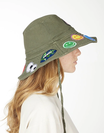 Lauren Moshi Adina- Bucket Hat W/ Happy Hippie Patches In Military