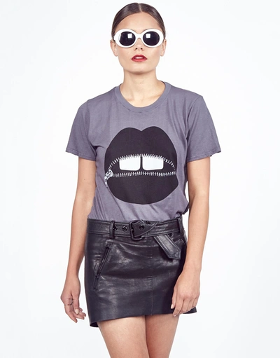 Lauren Moshi Croft Vintage Zipper Mouth Tee In Lava Grey