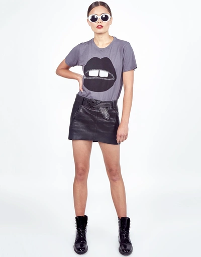 Lauren Moshi Croft Vintage Zipper Mouth Tee In Lava Grey