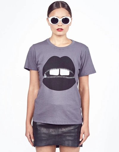 Lauren Moshi Croft Vintage Zipper Mouth Tee In Lava Grey