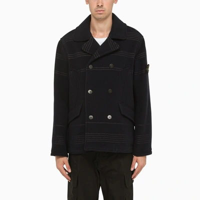 STONE ISLAND BLUE CHECKED WOOL PEA COAT 