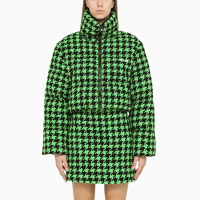 Shop Msgm Green/black Houndstooth Wool Knit Padded Jacket