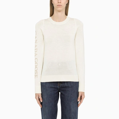Shop Canada Goose Ivory-coloured Wool Sweater With Logo On Sleeve In White