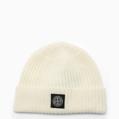 Shop Stone Island White Wool Beanie With Logo Patch