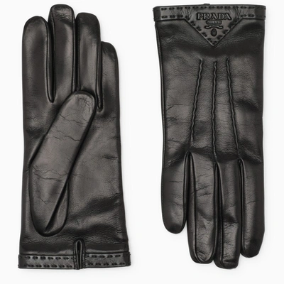 Shop Prada Black Leather Gloves With Logo