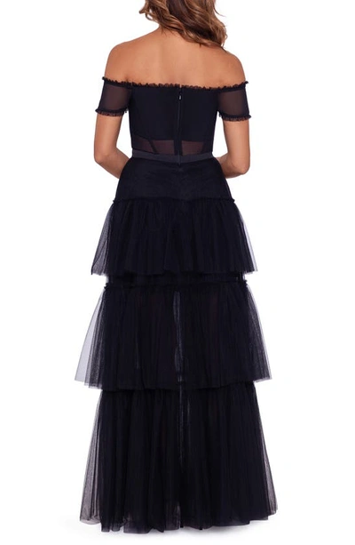 Betsy & Adam Ruffle Off The Shoulder Tiered Ballgown In Black