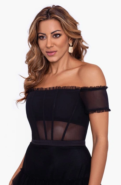 Betsy & Adam Ruffle Off The Shoulder Tiered Ballgown In Black