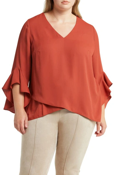 Shop Vince Camuto Flutter Sleeve Crossover Georgette Tunic Top In Terracotta