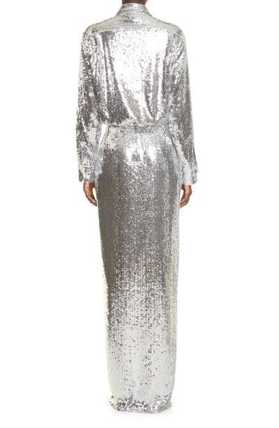 Shop Brandon Maxwell Sequin Long Sleeve Shirtdress Gown In Silver