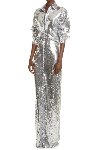 Shop Brandon Maxwell Sequin Long Sleeve Shirtdress Gown In Silver