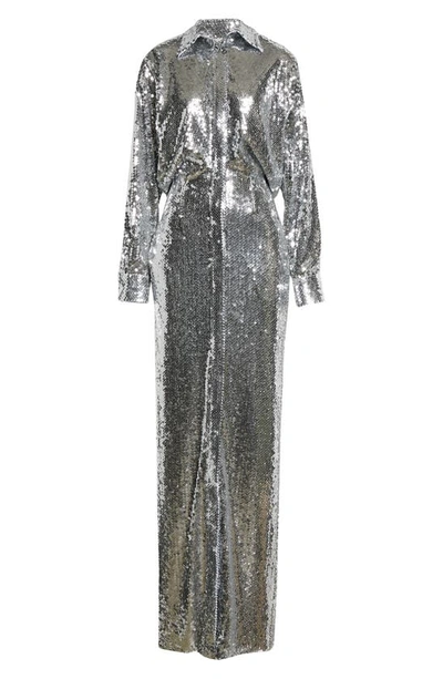 Shop Brandon Maxwell Sequin Long Sleeve Shirtdress Gown In Silver